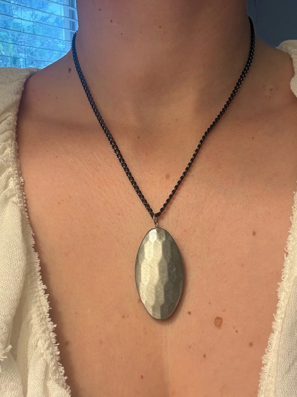 Textured Oval Pendant Necklace in Silver Tone - Women Jewelry